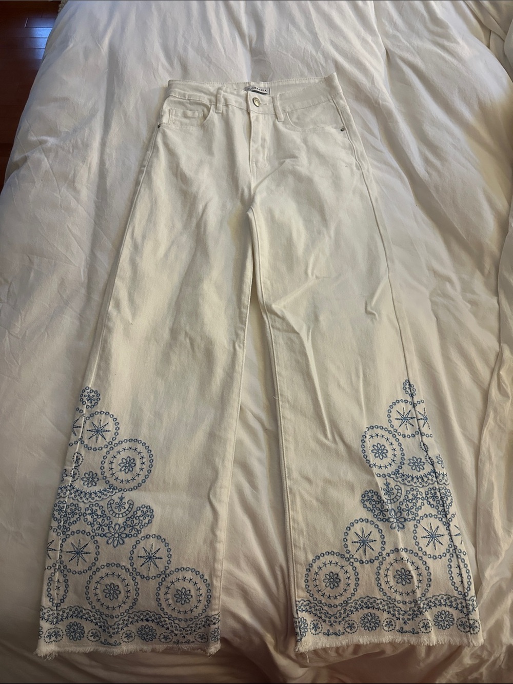 White Wide Leg Jeans with Blue Embroidered Hem